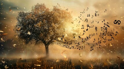 Golden tree with musical notes at dawn - A mystical oak tree with swirling music notes in a golden dawn setting, conveying the harmony of nature - obrazy, fototapety, plakaty