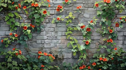 Old brick wall overgrown with climbing flowers - A picturesque scene of a deteriorating ancient brick wall gracefully overtaken by beautiful orange climbing flowers - obrazy, fototapety, plakaty