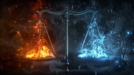 Fiery and icy contrast of scales on a balance - An artistic concept image showing a balance with scales holding fire and ice, representing the duality of extremes in a dramatic setting
