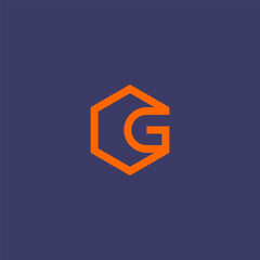 Fototapeta premium G letter initial logo inside orange hexagon frame.