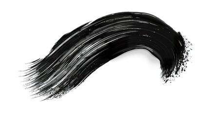 A soft and delicate black brushstroke on a white background. Eye-catching glossy black brushstroke in a thin, wavy shape that suggests flowing liquid or dust.