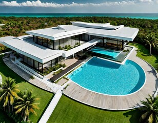 an aerial view of a luxurious modern bungalow surrounded by a pristine swimming pool