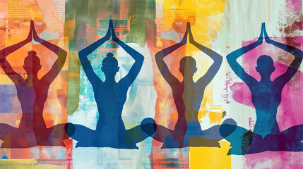 abstract illustration female yoga poses on vibrant textured background