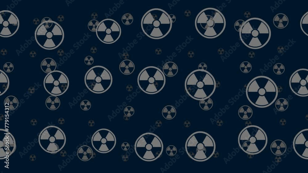 Poster radiation symbols float horizontally from left to right. parallax fly effect. floating symbols are l