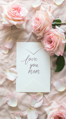 mothers day greeting card with love you mom text surrounded by beautiful pink roses decoration