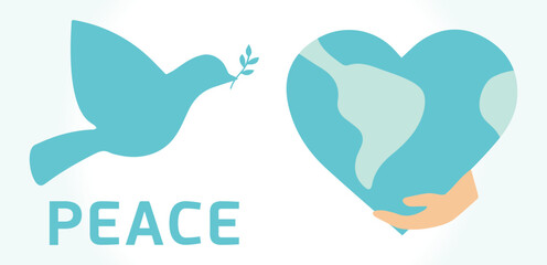 World peace, planet Earth. White dove, heart, care, human rights, equity. Environment, society, world, human. Set of vector, illustration, icon