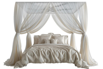 Dreamy Canopied Bed Adorned With Plush Pillows. On Transparent Background.