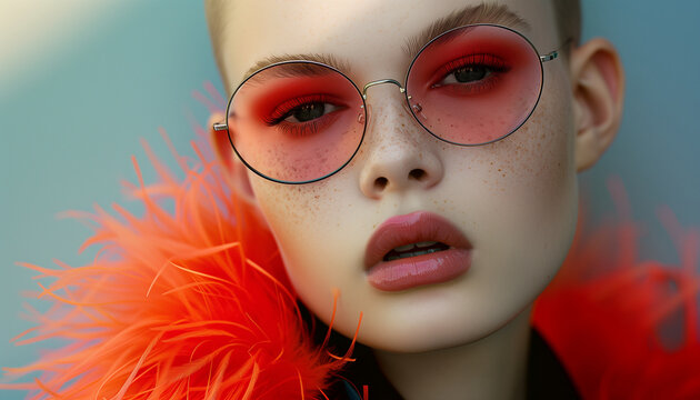 Close-up of a stylish woman adorning red sunglasses and a vibrant feather boa