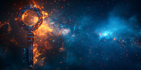 Vintage key against a fiery nebula, suitable for themes of unlocking the universe's secrets. Graduation time in educational institutions.