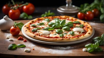 Tasty pizza margherita featuring mozzarella, basil, and tomato sauce - culinary photography for pizza menu - a solitary pizza with background elements - an ideal slice of pizza