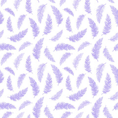 Light purple feathers floating through the atmosphere in seamless pattern. Subtle monochrome surface art isolated on white backdrop for printing or for use in graphic design projects.
