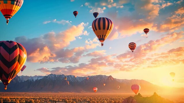 Witness a breathtaking sight as a vibrant assembly of hot air balloons gracefully soar through the heavens, Colorful hot air balloons filling the skies over Albuquerque, New Mexico, AI Generated