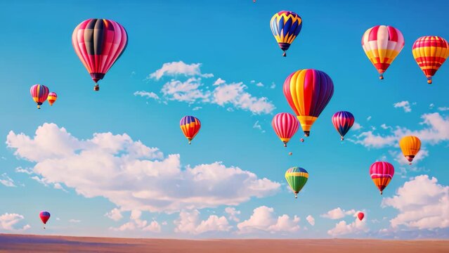 A colorful fleet of hot air balloons floats peacefully together as they glide through a clear blue sky, Colorful hot air balloons floating in a cloudless blue sky, AI Generated