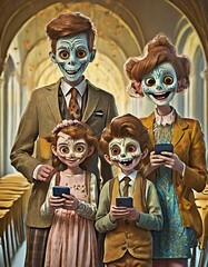 famille de zombie sur son téléphone portable, addiction, en dessin ia