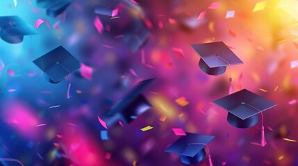 Graduation caps are thrown into the air amidst a colorful celebration