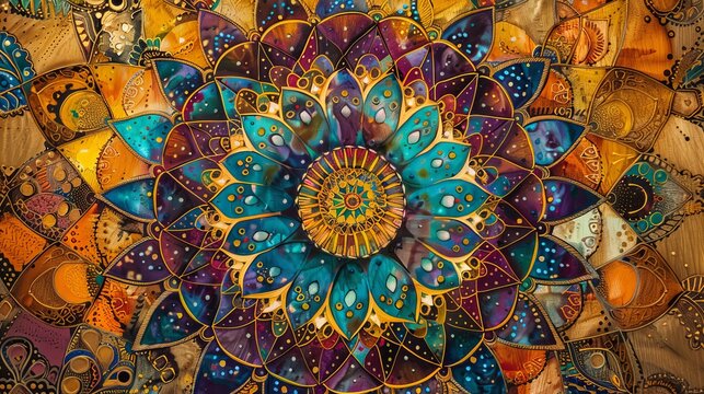 Vibrant mandala art with intricate mathematical shapes and vintage Indian design, perfect for adding a touch of ancient spirituality to any space.