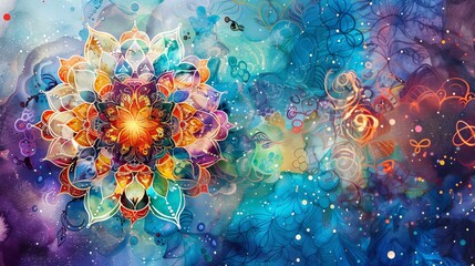Fototapeta na wymiar Vibrant geometric art adorned with celestial stars and galaxies, painted in watercolor and digitally enhanced with a mandala-inspired design