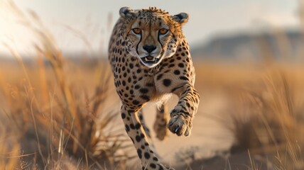 Cheetah sprinting through grassy field - An intense portrait of a cheetah sprinting directly towards the camera in a grassy environment, showcasing fierce determination