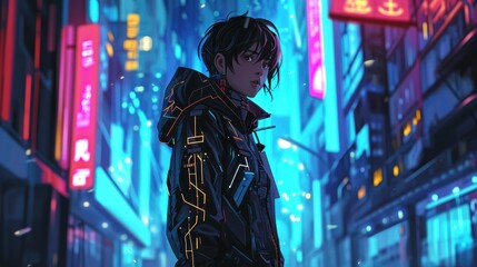 Obraz premium A man with short black hair and a jacket with orange lights stands in a city street at night. The buildings have red and blue lights on them.