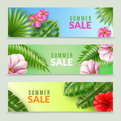 Summer sale banners. Horizontal web posters with realistic tropical leaves and hawaii flowers, copy space for text. green banana and monstera plant. Realistic botany. Flyer template. Vector set