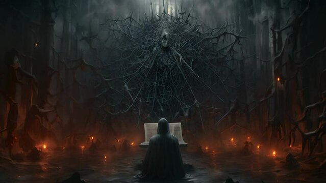 A man sits quietly in front of a window, surrounded by the mysterious darkness of the forest, Dark web depicted as a gothic-inspired abstract art piece, AI Generated