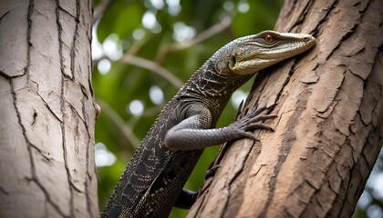 A Monitor Lizard With Its Claws Dug Into The Bark - obrazy, fototapety, plakaty
