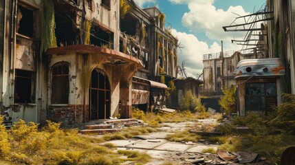 A destroyed city street with overgrown vegetation, rusted vehicles, and crumbling buildings.