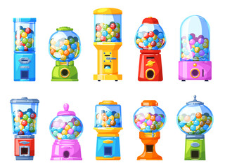 Retro gumballs vending machines. Glass candies dispensers different shapes, color round bubble gums, full capsules with sweets, sweet food, retro robot. Vector isolated cartoon set