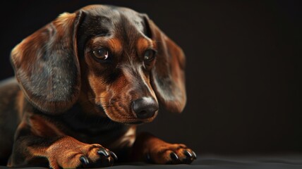 Black and tan dachshund posing smartly on black - An adorable black and tan dachshund dog poses with a glossy coat and intelligent eyes on a black backdrop