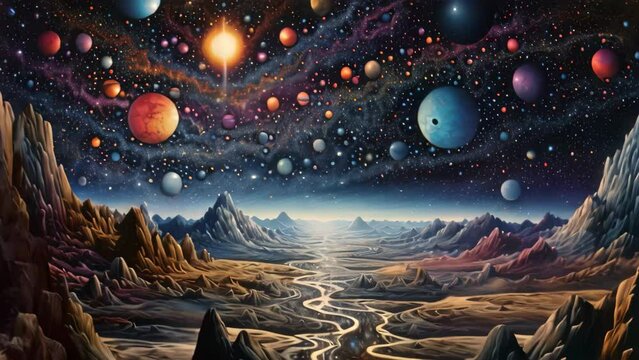 An incredible painting illustrating a mesmerizing scene of planets hanging in the vast expanse of the sky, Depiction of the universe's vast expanse with abstract cosmic forms, AI Generated