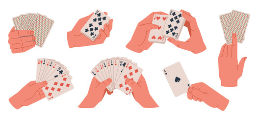 People hands playing cards. Poker game, risky gambling accessories, human arms hold card deck, shuffling and distribution, casino person, cartoon flat style isolated nowaday vector set