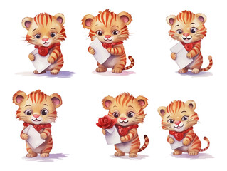 Cute tigers with hearts. Happy Valentine's Day. Illustrations for poster, postcards isolated on white background.