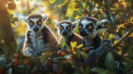 Naklejka premium Curious lemurs in madagascar rainforest, detailed portrait with expressive faces and striped tails