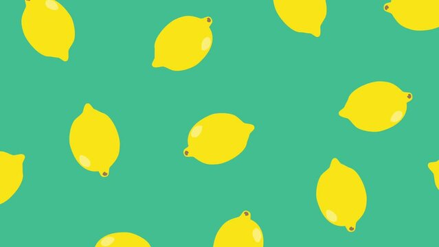 bright trendy cartoon hand drawn simple animation of many rotating lemons on a green background