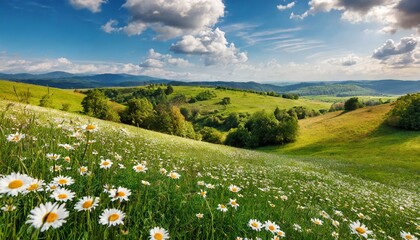 Fototapeta premium Daisy Dreams: A Picturesque Landscape of Hilly Countryside
