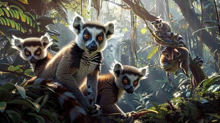 Naklejka premium Curious lemurs in madagascar rainforest, detailed photorealistic shot capturing expressive faces