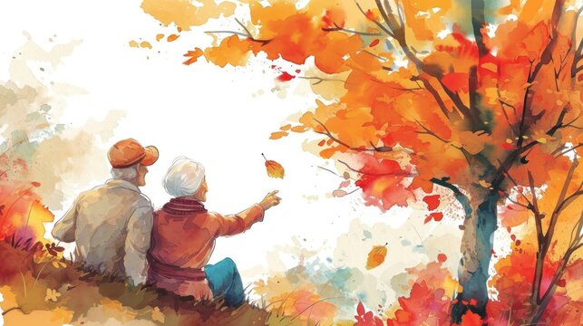 Watercolor Of An Elderly Couple Sitting Under A Tree With Colorful Autumn Leaves. The Sky Is White, There Are No Clouds. The Ground Is Covered With Colorful Autumn Leaves.