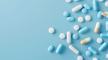 pills and medical tablets scattered on a light blue gradient background with copyspace for concept text
