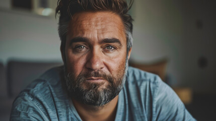 style photo of a 40 year old man with very straight brown hair, he has Native American facial features, brown beard, light brown skin - Powered by Adobe