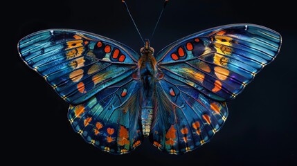 This butterfly's vibrant wings, adorned with hues of blue and orange, contrast beautifully with the dark background.