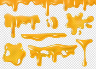 Honey drops and streaks. Yellow gold splash, flowing glossy sweet liquid, border or frame, caramel, butter or oil. Realistic elements isolated on transparent background. Vector set