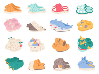 Funny home footwear. Cozy domestic slippers, decor in cute animal faces and paws form, textile warm house comfortable shoes, flip flops and soft boots unicorn and shark. Vector cartoon flat set