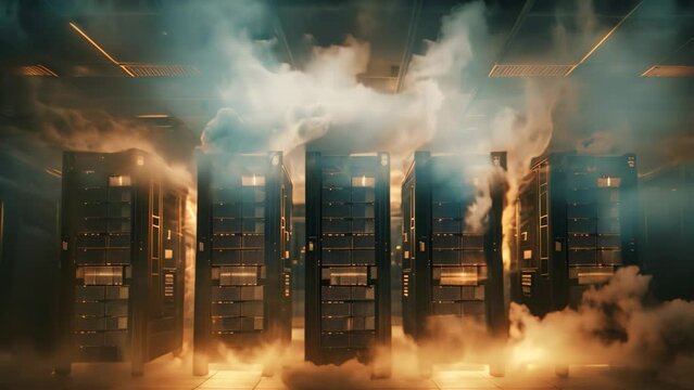 A cluster of servers releasing smoke, indicating a significant network malfunction and potential data loss, Flickering lights of servers depicted in a smoky, abstract rendering, AI Generated