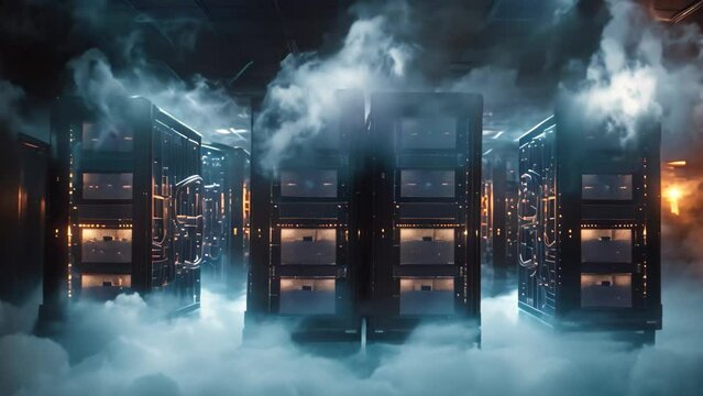 A group of servers malfunctioning and emitting smoke, signaling a potential system failure, Flickering lights of servers depicted in a smoky, abstract rendering, AI Generated