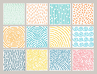 Cute doodle textures. Abstract patterns, hand drawn dashes, twisting, straight and curved lines, simple minimalistic elements. Flat scribble Geometric shapes. Simple background. Vector set