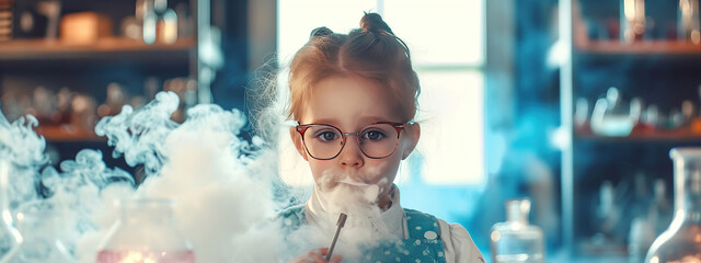 a little girl with glasses conducts chemical reaction - obrazy, fototapety, plakaty