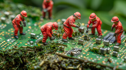 Red-clad miniature workers are fixing and inspecting elements on a circuit board among greenery