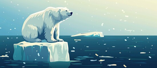 A carnivorous polar bear is perched on a polar ice cap, surrounded by water, under a cloudy sky. It looks like a sculpture in this terrestrial animals natural habitat - obrazy, fototapety, plakaty
