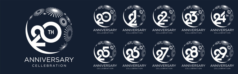 set of 20 to 29th anniversary logotype design, with white color fireworks for celebration event, wedding, and birthday, vector illustration