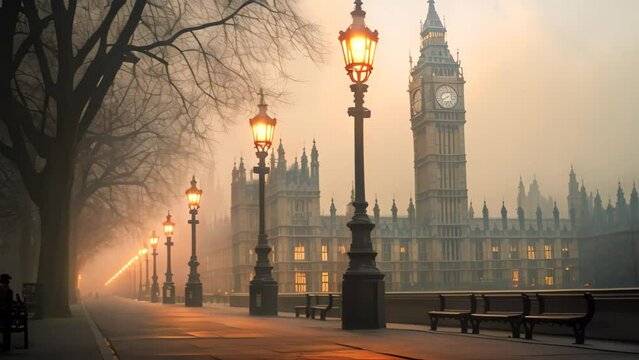 An atmospheric photograph of a foggy street with a striking clock tower rising above the mist, Foggy morning in London with the iconic Big Ben in background, AI Generated